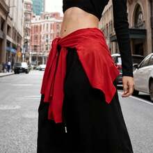 Women's Hip Hop Dance Crop Tops Solid Color Long Sleeve Shrug Blouse, Aesthetic Tied-Waist Belt - 紅色 - 查看 4