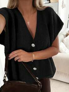 V Neck Plain Asymmetrical Button Sleeveless Loose Casual Elegant Knit Vest, Four Seasons Daily Wear, Women's Fashion Top,Vacation Outfits Women,Summer Outfits For Women Black - Black - View 3