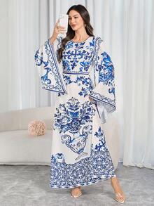 Women's Elegant Printed Mid-Length Dress - Round Neck, Waist Cinched, Asymmetrical Flared Sleeves, Suitable For Spring/Autumn, Festivals, Daily Wear, And Vacation - Royal Blue - View 1