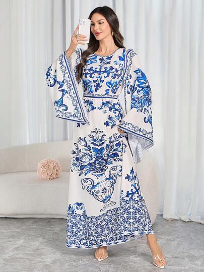 Women's Elegant Printed Mid-Length Dress - Round Neck, Waist Cinched, Asymmetrical Flared Sleeves, Suitable For Spring/Autumn, Festivals, Daily Wear, And Vacation