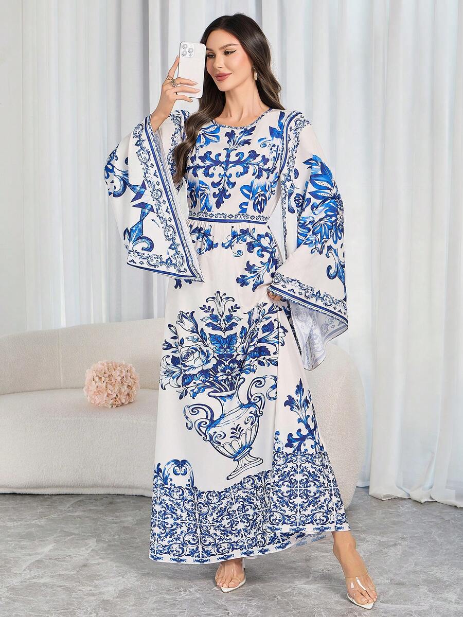 Women's Elegant Printed Mid-Length Dress - Round Neck, Waist Cinched, Asymmetrical Flared Sleeves, Suitable For Spring/Autumn, Festivals, Daily Wear, And Vacation - Royal Blue - View 1