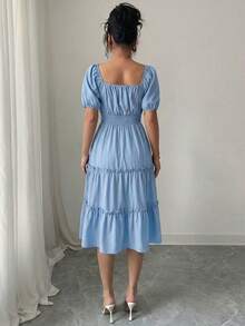 Summer Square Neck Smocked Dress Women's Short Sleeve Ruffle Trim Flounce Hem Solid Color Casual Beach Vacation Midi Dress - 淺藍色 - 查看 6
