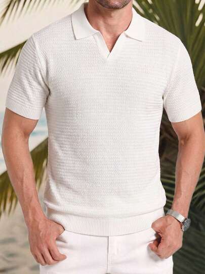 1pc White Knit Polo Shirt For Men, Men's Short Sleeve Knit Sweater, Casual Vacation Style, Machine Washable, Suitable For Beach Vacation, Pool Party, Island Outing, Summer Outdoor Light Social Elegant Gentleman Top