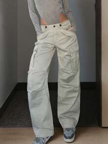 女士宽松多口袋工装裤 - 灰色 - 查看 3