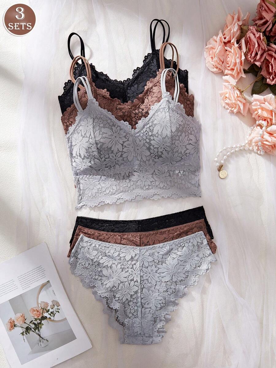 Bộ 3 món gồm áo ống ren và quần lót dây đeo dành cho nữ, có đệm ngực, áo lót chống lộ ngực, kiểu dáng thoải mái, không gọng, dây đeo vai mỏng. - Nhiều màu - Xem 1