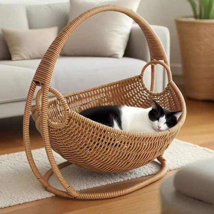 New Handmade Woven Cat Hammock, Easy To Assemble, Handcrafted Cat Basket Bed, Cat Swing Bed, Cat Sleeping Bed, Comfortable Indoor Pet Bed, Fashionable Home Decor, With Frame Hanging Bed, Suitable For Cats, Dogs And Other Medium-Small Pets Under 7kg - one-size - View 3