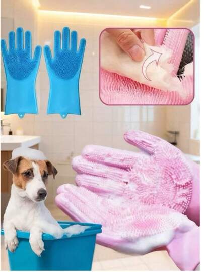 1 Pair Pet Bathing Gloves, Suitable For Cats And Dogs, Anti-Scratch, Deep Cleaning, Fur Removal, Soft Foam On Gloves For Effective Massage, Wet And Dry Use, Gloves, Dog Supplies, Cat Supplies