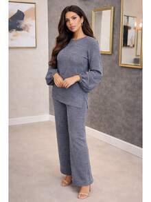 Women's Set: Long-Sleeved High-Neck Blouse And High-Waisted Wide-Leg Pants In Knit Fabric, Winter/Cold Weather Knit, Suitable For Holidays. - 淺灰色 - 查看 3