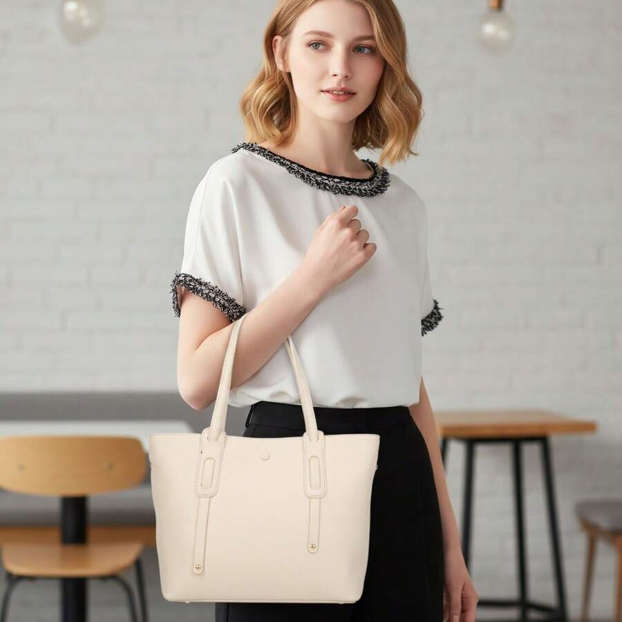 Women's Large Tote Bag, Elegant, Structured, Luxury, Minimalist, Long Shoulder Strap, Modern, Spacious, Fashionable, Casual, Chic, Executive, Work, College, Everyday Use, Textured, Durable, Versatile, Classic, Sophisticated, Large Capacity, Urban Style, Comfortable, Premium - 米色 - 查看 1