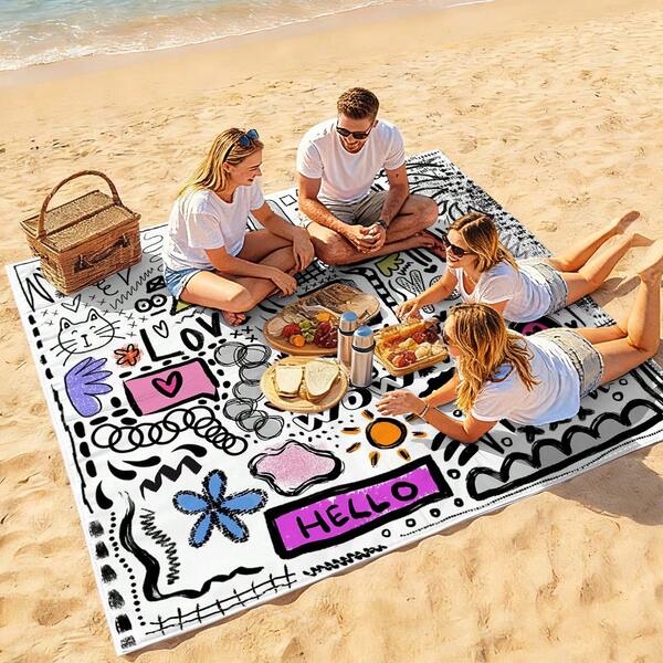 1件新款户外防水防沙数码印花野餐垫/沙滩巾，时尚清新图案，适合户外露营和野餐（100克面料）