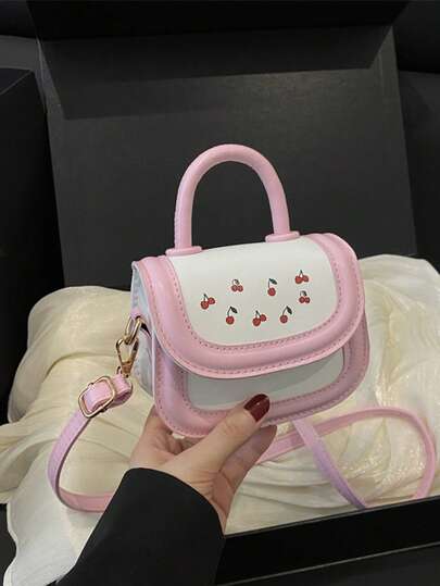 1pc Cherry Print & Color Block Shiny PU Leather Mini Structured Flap Lock Handbag, Sweet Girl Style For Daily & Work
