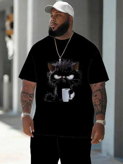 Men's Streetwear Casual Cartoon Series "Cute Plush Tea Cup Kitten" Pattern Sports Set - Polyester Knit Fabric, Round Neck Design, Drawstring Shorts, Pocket Details, Regular Fit, Suitable For Plus Size