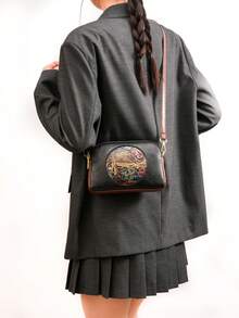 2026新款复古中式西式单肩包 女士时尚中年妈妈包 多层大容量纹理斜挎包 - 黑色 - 查看 3