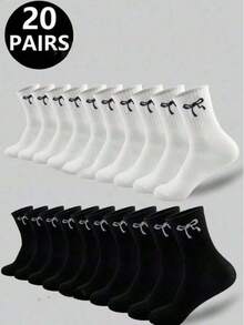5/10/20 Đôi tất unisex đa năng, kiểu dáng thể thao và thường ngày, thiết kế nơ cổ điển, thoáng khí, dài đến giữa bắp chân, thấm hút mồ hôi, mềm mại, phù hợp cho mặc hàng ngày. - Đen và trắng - Xem 9