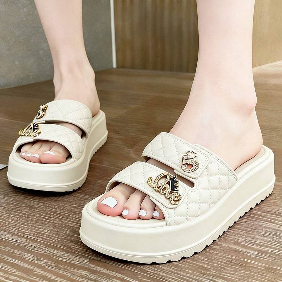 Chanclas /pantuflas de Moda Mujer con Plataforma Alta para Aumentar Estatura, Sandalias Unisex de Hebilla de Una Pieza para Exterior e Interior, Suela Antideslizante - Beis - Ver 1