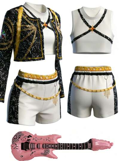Pop Singer Costume, Four Piece Set Including One Jacket, One Liner, One Pair Of Shorts, One Inflatable Guitar, Halloween Party Costume, Performance Outfit,Halloween Costumes, Dress-Up Outfits, Popular Fashion Singer Costumes, Girls' Halloween Apparel, Christmas Gifts