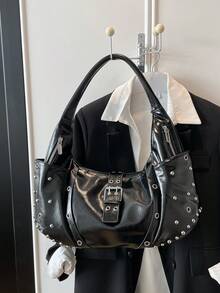 New Y2K Baddie Style Black Patent Leather Rivet Underarm Bag, Retro Motorcycle Inspired Large Capacity Tote Bag, Sweet & Cool Large Capacity Shoulder Bag - Black - View 7