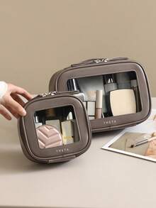 1个高品质真皮化妆包，真皮便携式化妆品收纳包，大容量洗漱包，全新透明精致设计 - 查看 2