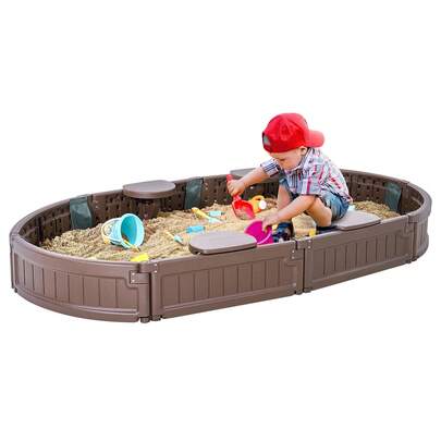 Sandkasten mit Abdeckung, 183 x 105 x 23 cm, ovaler Sandkasten, HDPE-Sandgrube mit 4 Ecksitzen und Bodenauskleidung, Kindersandkasten für Garten, Strand, Park, Geschenk für Jungen und Mädchen im Alter von 3–12 Jahren, braun