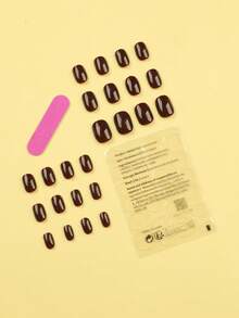 24片中性短方形美甲贴纸，酒红色纯色，亚克力按压式美甲贴片，假指甲，美甲套装，可移除全覆盖，持久耐用，包含1张贴纸和1个迷你指甲锉，适合日常佩戴，美甲护理用品 - 酒紅色 - 查看 3