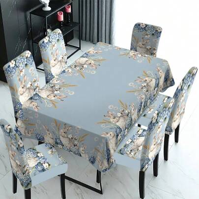 1/4/5/6/7/30pcs Pastoral Rabbit & Floral Print Dining Chair Covers, Suitable For Dining Table & Room Decor, Elegant Design To Enhance Dining Ambiance, Fits Various Home Styles, Removable & Washable Chair Slipcovers