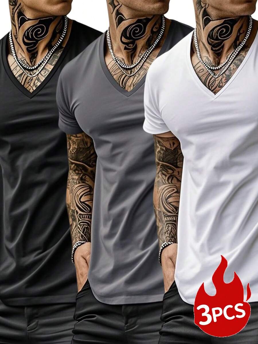 GRDR Set de 3 camisetas de manga corta con cuello en V de unicolor, estilo casual y deportivo para hombres