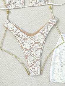 女士三件套沙滩装：三角上衣、高腰泳裤和波西米亚蕾丝花卉网纱纱笼裙，系带露背蝴蝶结设计，夏季沙滩比基尼泳装度假白色 - 白色 - 查看 8