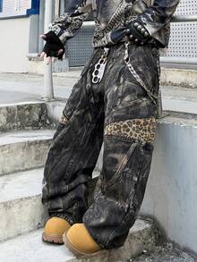 1pc Men'S Loose Black And Grey Denim Jeans |   Vintage Distressed Wash With Leopard Print Patches, Cargo Style With Multiple Panel Design, Y2K Street Hip-Hop Fashion, Available In Multiple Sizes (Belt And Additions Not Included) - Style - View 5