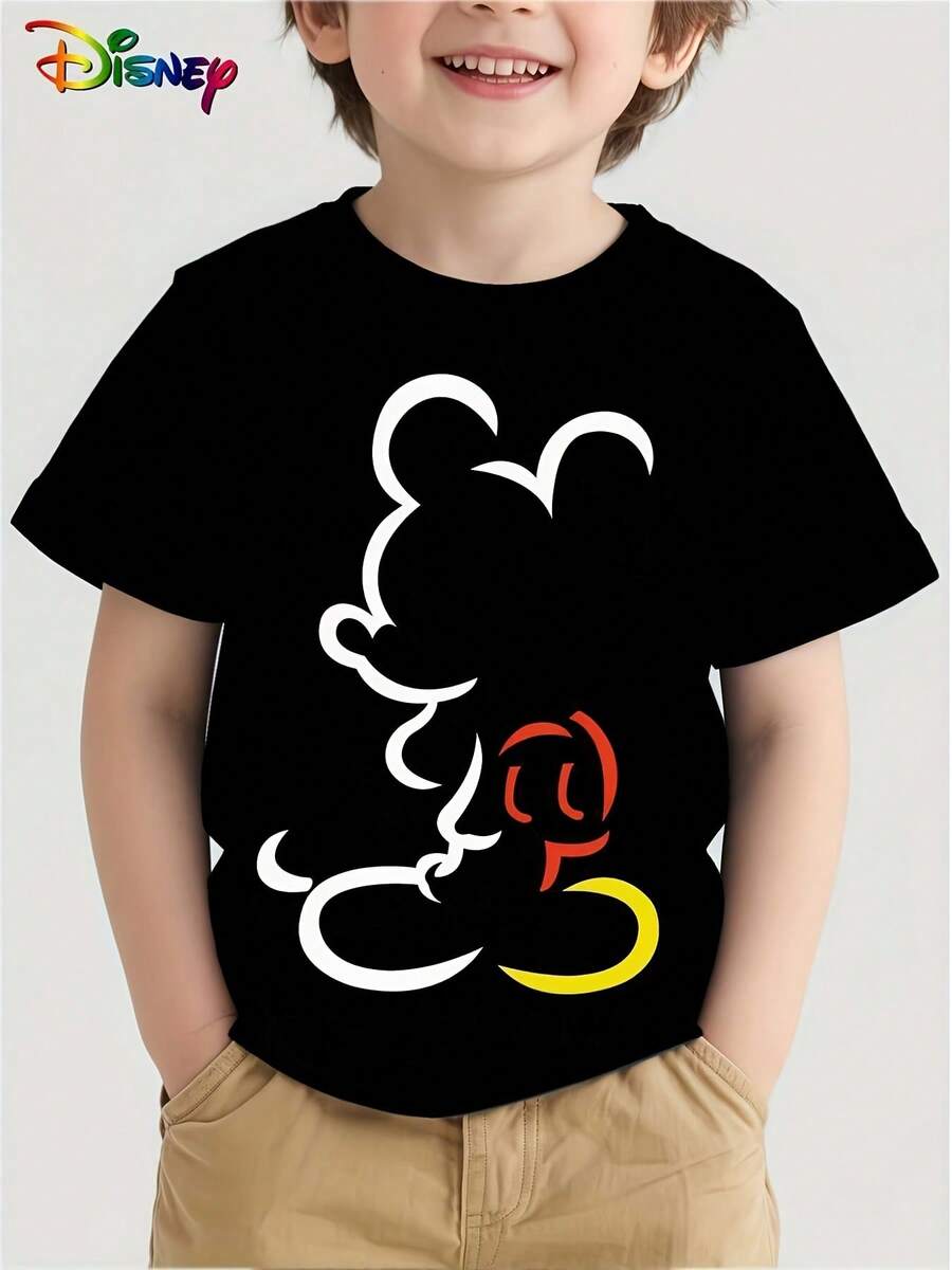 Disney Mickey Mouse Playful Line Art Boys Cute T-Shirt Lightweight Comfortable Playtime & Casual Outings - 黑色 - 查看 1