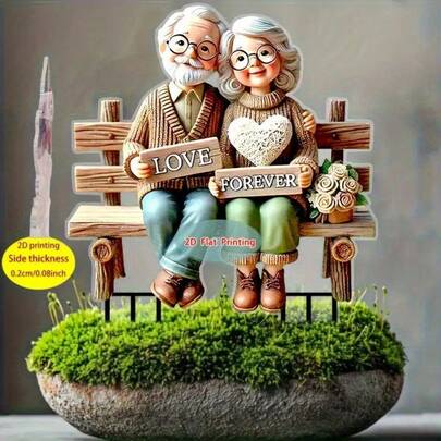 Modelo 2D que representa una escena romántica de una pareja de abuelos sentados en un banco, decoración de jardín de plástico adecuada para césped, maceta y decoración del patio, regalo ideal para personas mayores en el Día de San Valentín y Acción de Gracias