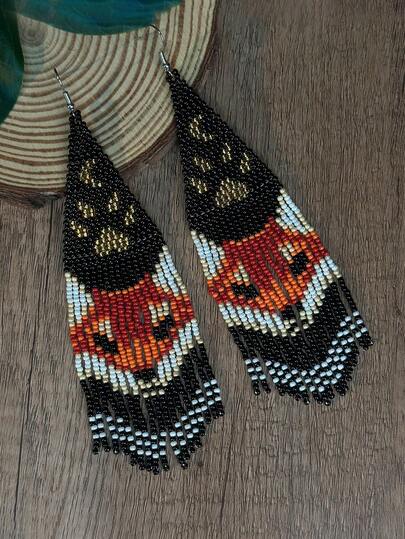 AHAYA Pendientes de borla con cuentas de vidrio bohemios hechos a mano con diseño de zorro, accesorio versátil casual y vintage para regalo diario de mujer