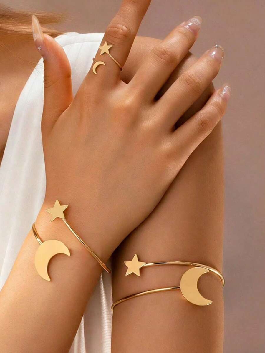 Bộ 2 chiếc vòng tay và nhẫn hình ngôi sao và mặt trăng bằng kim loại mạ vàng, trang sức phong cách tối giản cổ điển sang trọng cho các bữa tiệc và ngày lễ. - Bộ ba món màu vàng kim - Xem 1