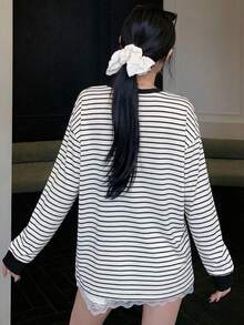 2026 女士休闲度假黑白条纹长袖T恤，宽松圆领舒适上衣，春秋季 - 2A23黑白條 - 查看 3