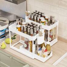 Pull-Out 2-Tier Sliding Storage Rack Under Sink, L-Shaped Bathroom Kitchen Cabinet Drawer Organizer, Multi-Function Sink Storage Rack, Suitable For Bathroom Kitchen Drawers, Space-Saving Organizer, Durable Large Capacity Drawer, Suitable For Kitchen And Bathroom Items, Mixed Color Plastic Material - Black - View 12