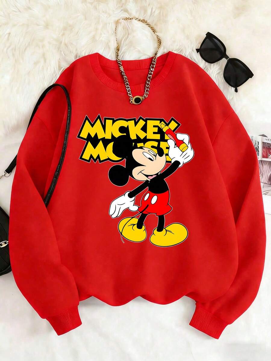 1pc Disney Mickey Mouse Confident Pose Graphic Tween Boys Classic Style Sweatshirt, Versatile & Easy To Clean, Perfect For School Days & After-School Hangouts - Đỏ - Xem 1