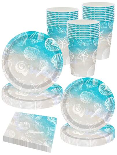 10 قطعة أطباق وفوط ورقية بتصميم أصداف البحر لحفلة شاطئ البحر، أكواب 9 أونصة - طقم أدوات مائدة لحفلة عيد ميلاد ساحلية بتصميم نجوم البحر، لوازم حفلات الصيف والحمام والزفاف والديكور والخدمة ل- 10 أشخاص