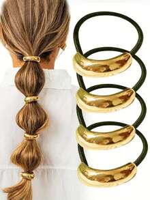 4pcs Women's Gold Metal Hair Ties - Geometric Pattern Elastic Hair Bands, Suitable For Thick Hair, Hair Accessories - Gold 4pcs - View 1