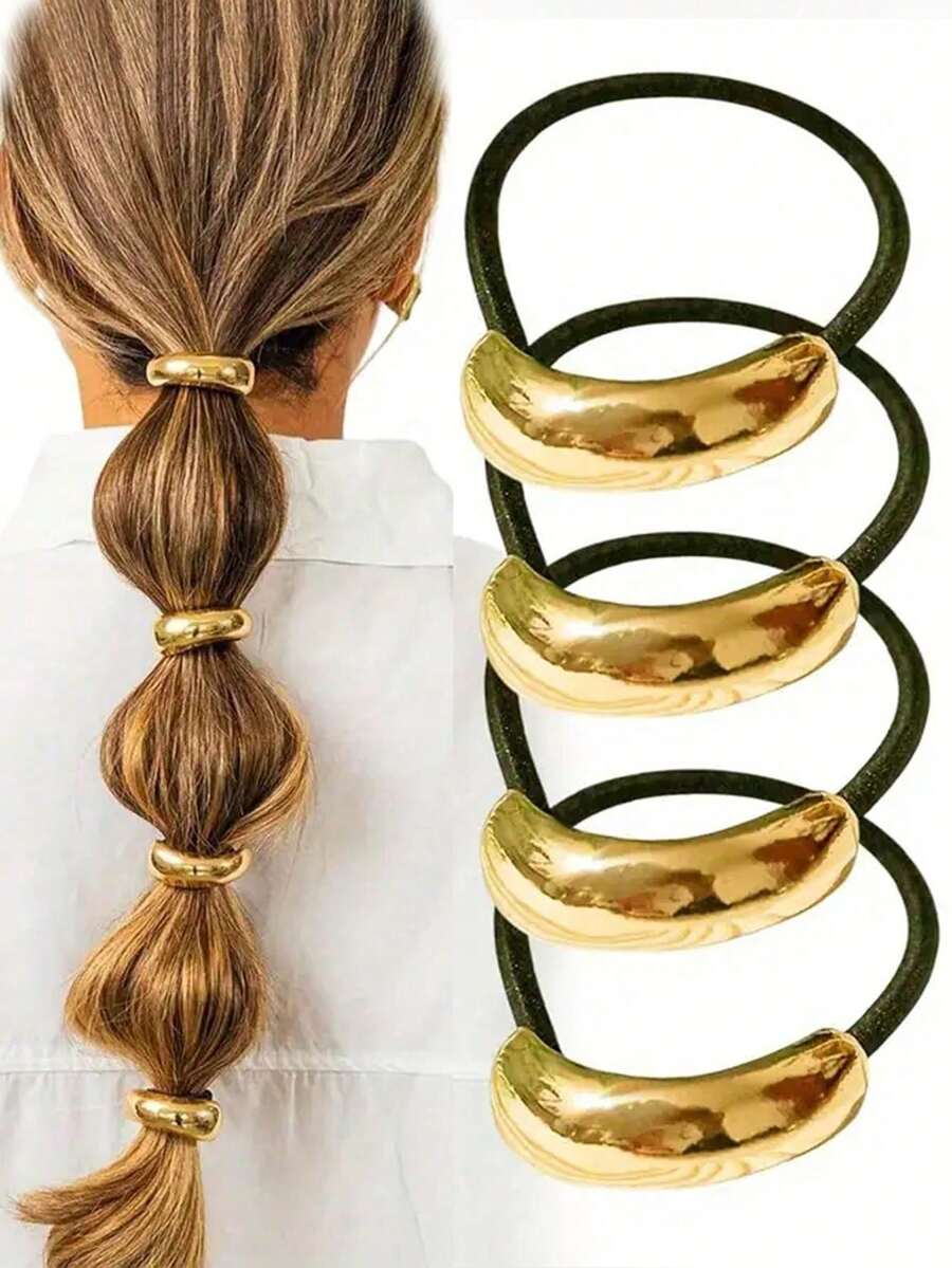 4pcs Women's Gold Metal Hair Ties - Geometric Pattern Elastic Hair Bands, Suitable For Thick Hair, Hair Accessories - Gold 4pcs - View 1