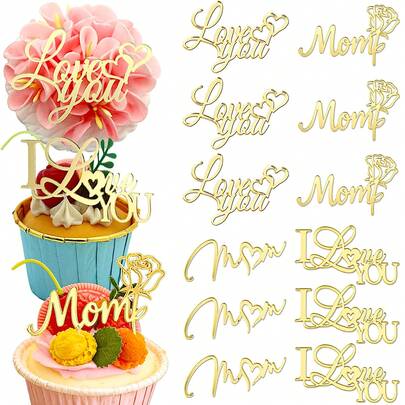 3/6 piezas Tamaño mini "Te amo mamá" y Toppers para cupcakes de espejo de oro rosa de acrílico para el Día de la Madre, suministros para fiesta