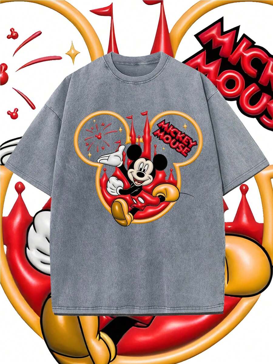 Disney, Disney Mickey Mouse ; T-shirt d'été à manches courtes pour homme, effet vieilli, coupe unique, pur coton, confortable et respirant, style streetwear décontracté, col rond ; une marque de mode de haute qualité, un cadeau surprise idéal pour la famille et les amis. - Gris - Voir 1