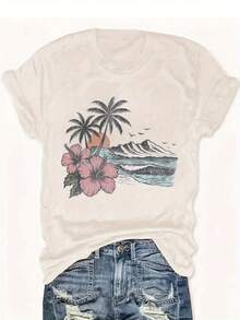 Tropical Sunset And Hibiscus Flower Print Women's Blend T-Shirt - Suitable For Vacation Wear, Casual Summer Beach Style, Fashionable Graphic Blend T-Shirt - 杏色 - 查看 2