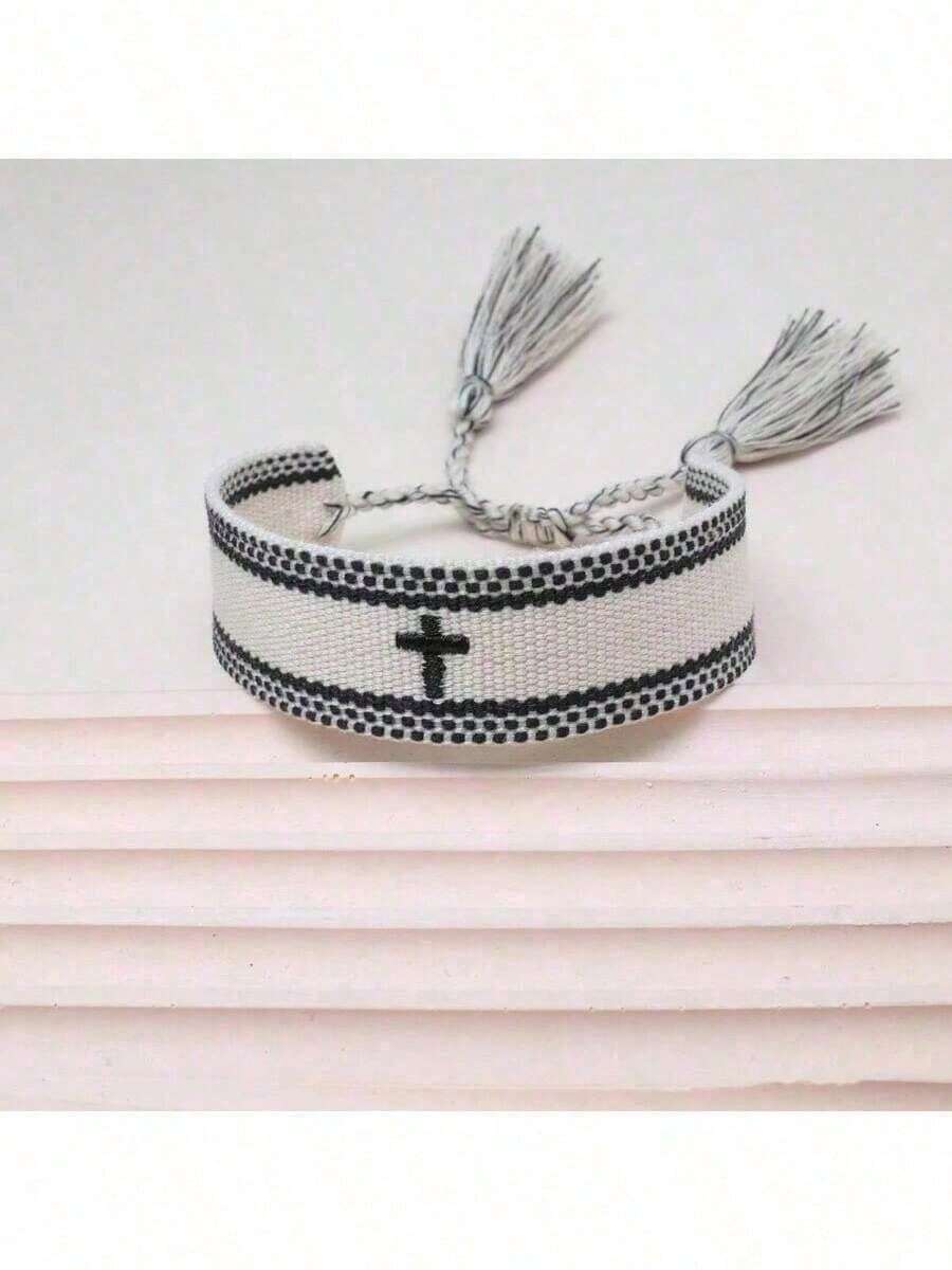 An Embroidered Cross Bohemian Handwoven Web Tassel Bracelet Y3EN - Hồng nhạt 2 - Xem 1