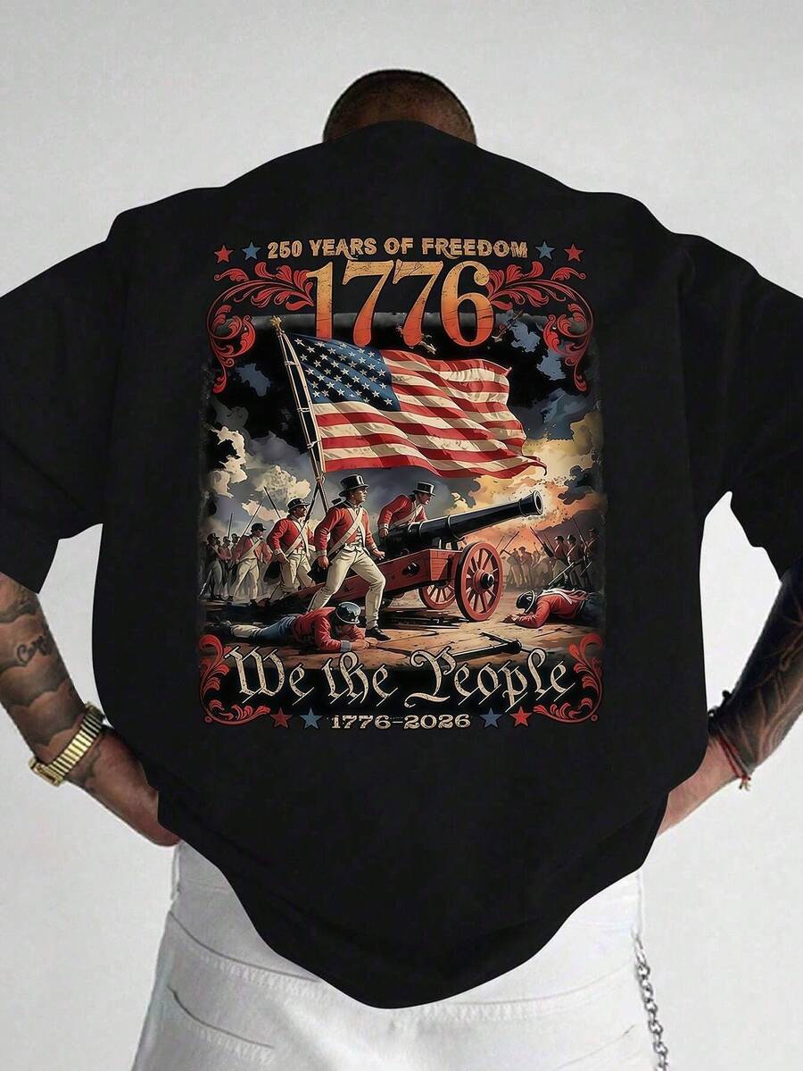 1pc Men's Fashionable Printed Loose Fit Short Sleeve T-Shirt | Exquisite Design | Summer Essential | Easy To Match, Showcasing Your Style - Black - View 1