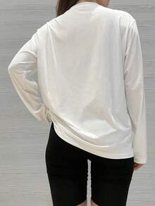 Small Shoulder Drop Long-Sleeve T-Shirt Solid Color Black Loose Casual - Màu Hồng Tươi - Xem 5