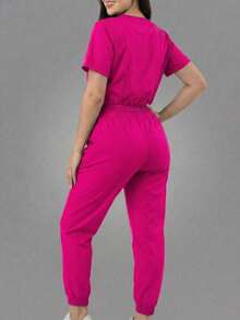 Conjunto uniforme médico quirúrgico set 2 piezas dama mujer manga corta cuello v pantalón jogger resorte cordón cómodo - Rosa Fucsia - Ver 2