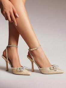 Women's Rhinestone Ankle Strap High Heels Destiny Closed Toe Strappy Heels Sexy  Pumps Wedding Bridal Party Prom Dress Shoes - Vàng - Xem 3