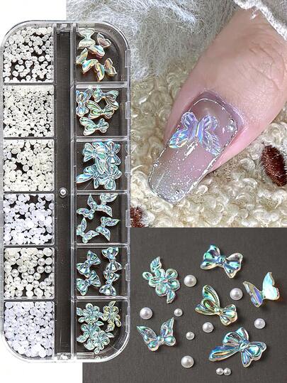 Adornos para uñas Aurora, flores de resina, diseño de mariposa y lazo, joyería de perlas en forma de semicírculo, accesorios de arte de manicura para vacaciones de verano, suministros de uñas japonesas