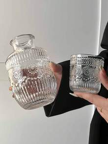 2件套玻璃水壶和杯子套装，复古透明浮雕向日葵图案果汁/牛奶/茶壶和杯子 - 彩色 - 查看 5