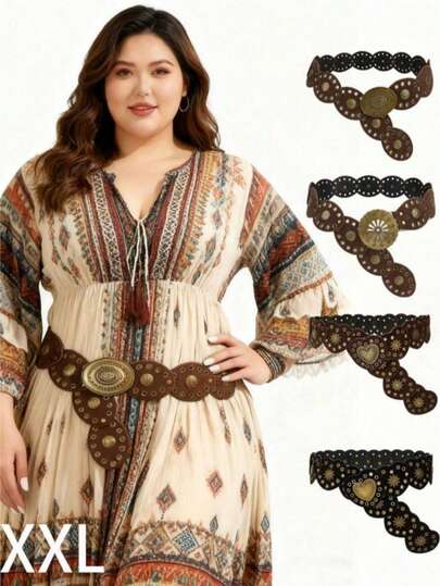 1 pieza Cinturón de estilo bohemio de unicolor de terciopelo vintage para mujer de talla grande, cinturón de retazos de color negro y café, cinturón ovalado y con forma de corazón, cinturón grueso, adecuado para vestidos, abrigos, suéteres, pantalones, apropiado para fiestas, ropa de calle, citas, campus, festivales de música, invierno, Navidad, esencial para damas de talla grande