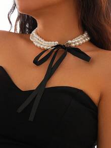 Vintage Bohemian Pearl Bow Tie Necklace - Elegant Beaded Necklace For Women, Suitable For Daily Wear And Party Gift - Multicolor - View 7
